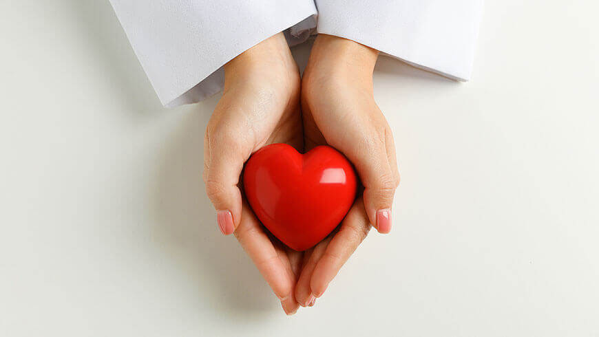 Die Hände einer Frau halten ein rotes Herz als Symbol für die radiologische Kardio-CT Untersuchung des Herzens und der Gefäße