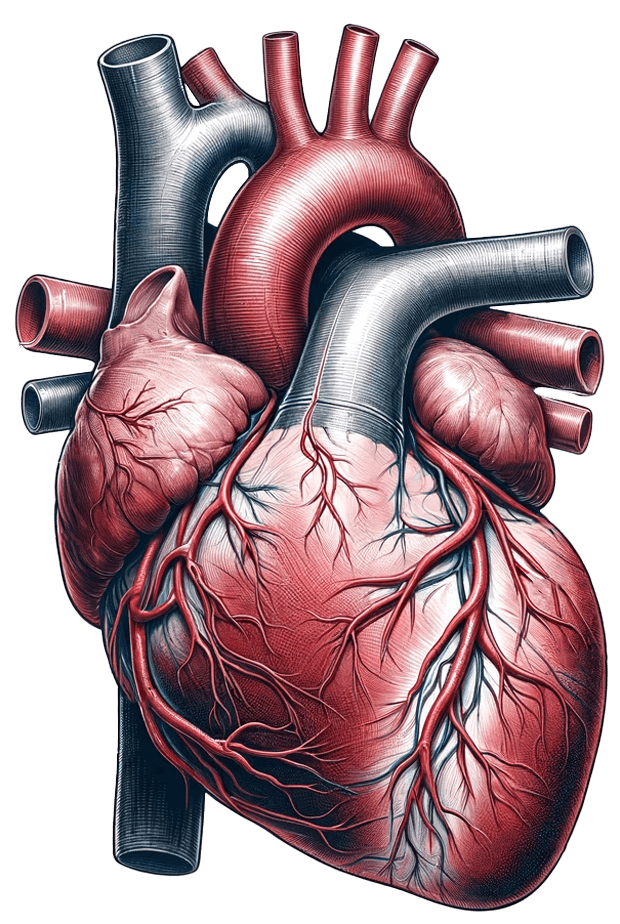 Illustration eines menschlichen Herzens im Stil eines alten Stichs, zeigt Herz-Kammern und große Gefäße.